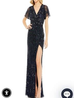 NWT $698 Mac Duggal Dazzling Sequins Column Gown With Slit And Cap Sleeves Sz 18
